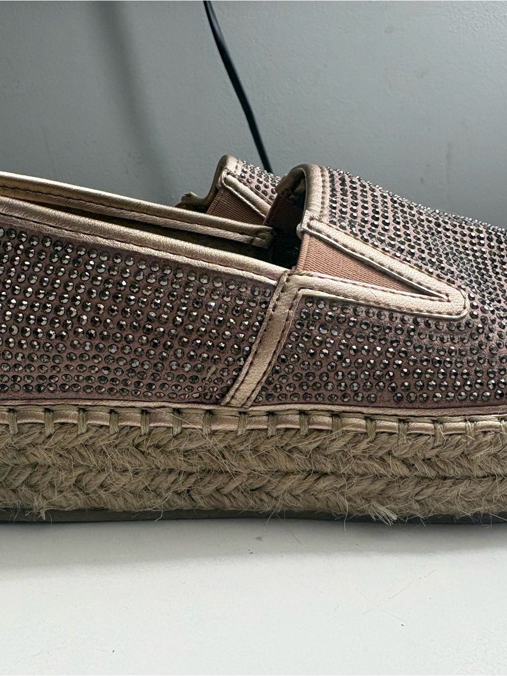 Kaari Blue Rose Gold Rhinestone Espadrille Slip-On